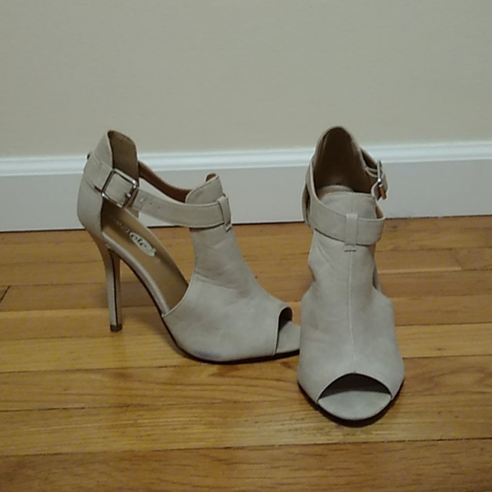 Tan open toe booties